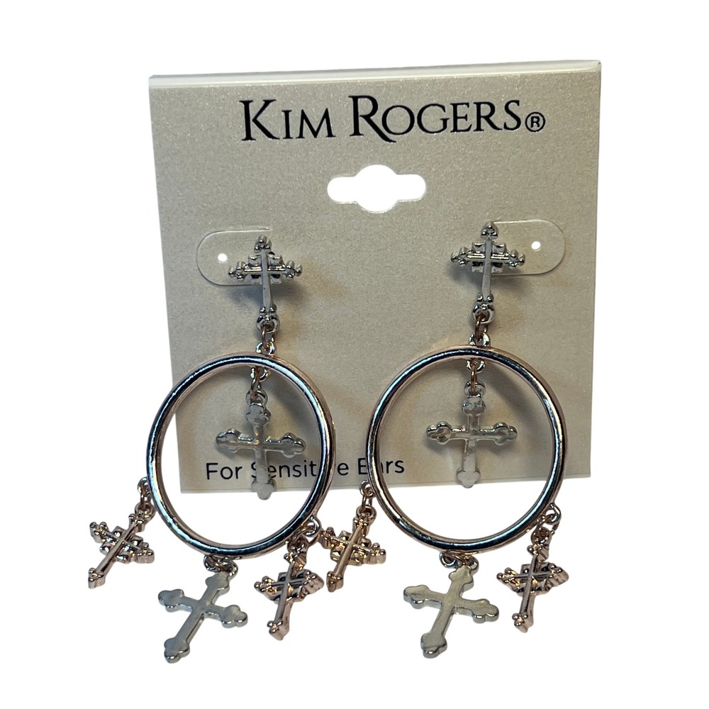 Kim Rogers Gothic Cross Dangle Earrings Rose Gold Silver Hoop Alt Aesthetic